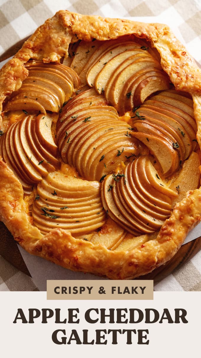 Close-up of an apple cheddar galette showing the arranged apple slices.