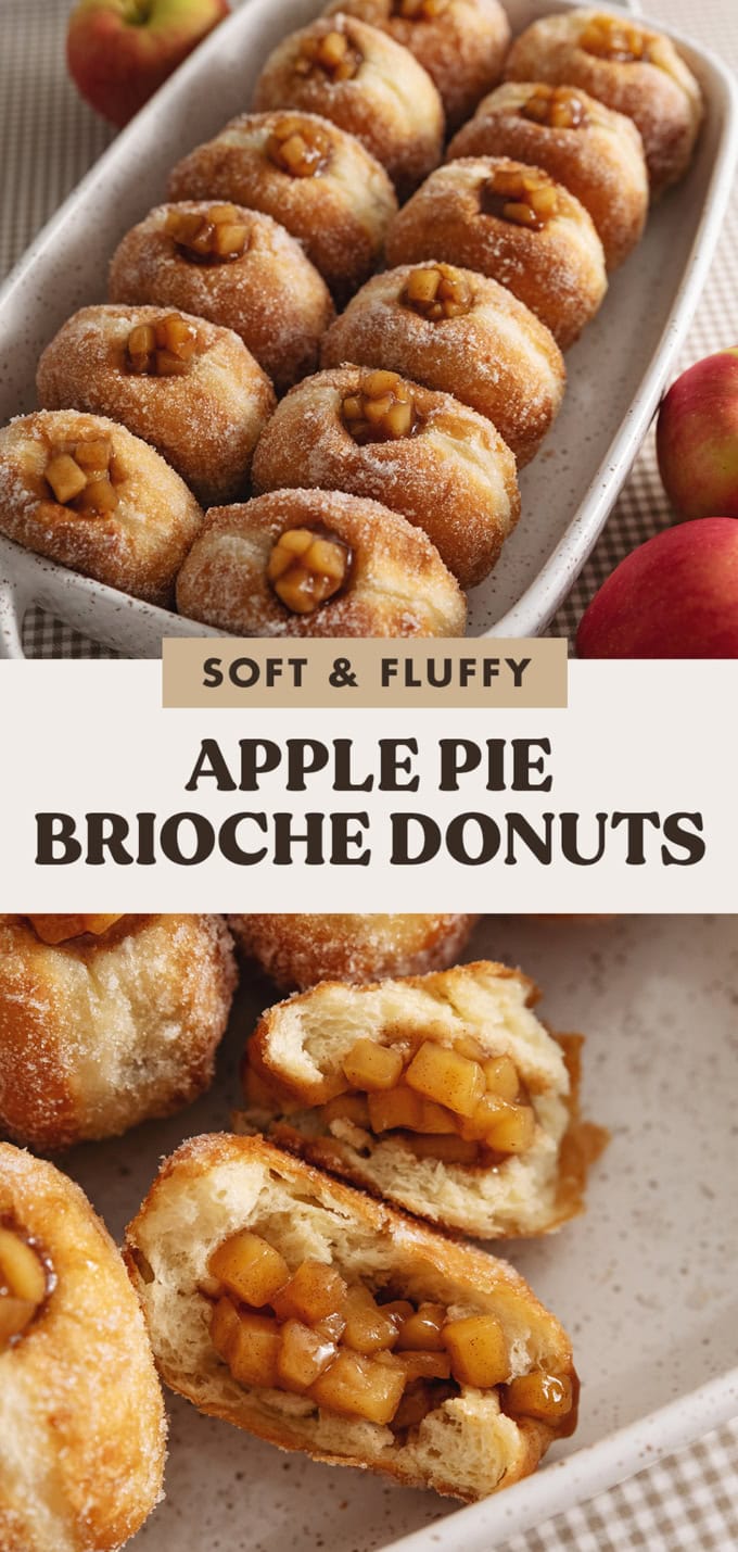 Two images of apple pie donuts with a text overlay that says "soft and fluffy apple pie brioche donuts".
