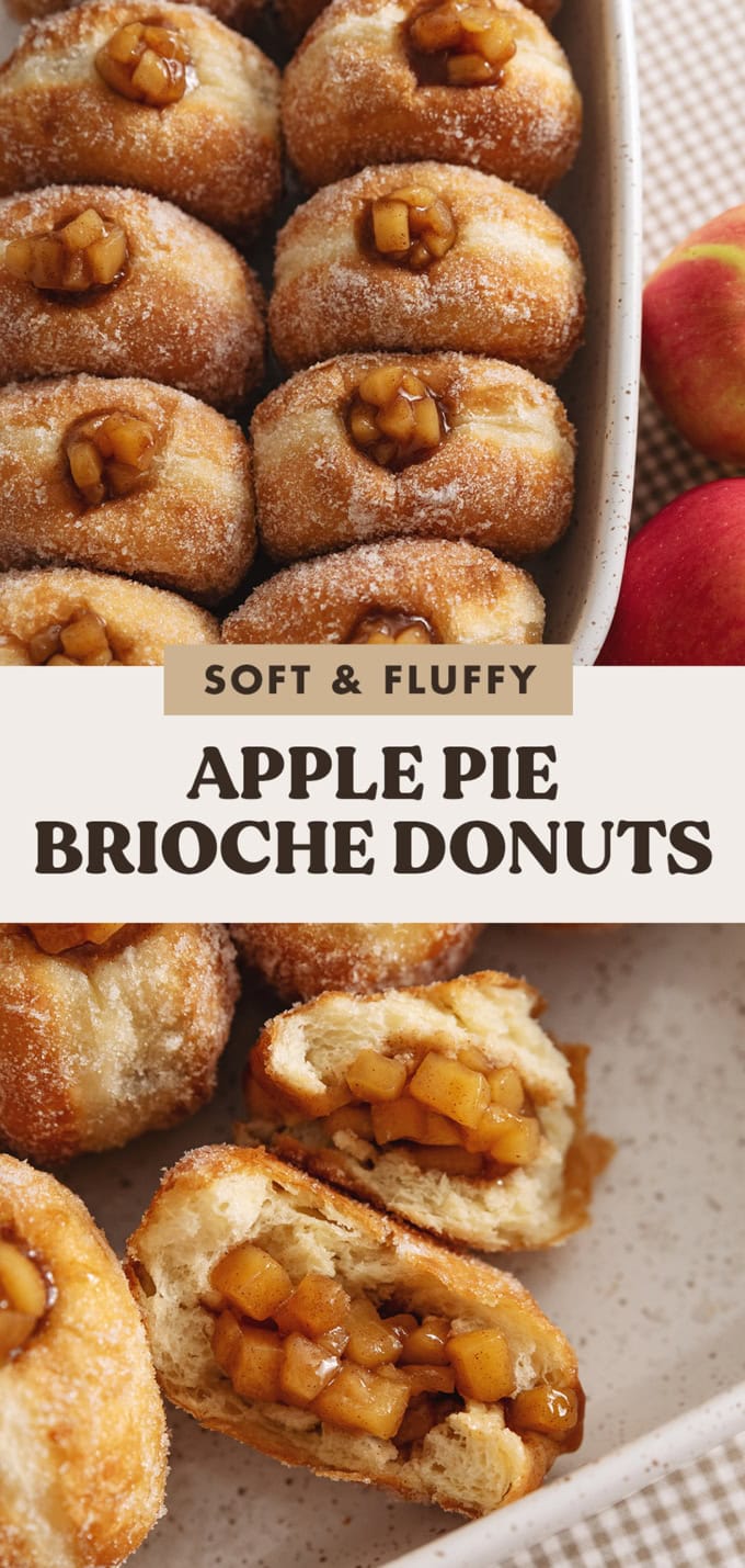 Two images of apple pie donuts with a text overlay that says "soft and fluffy apple pie brioche donuts".