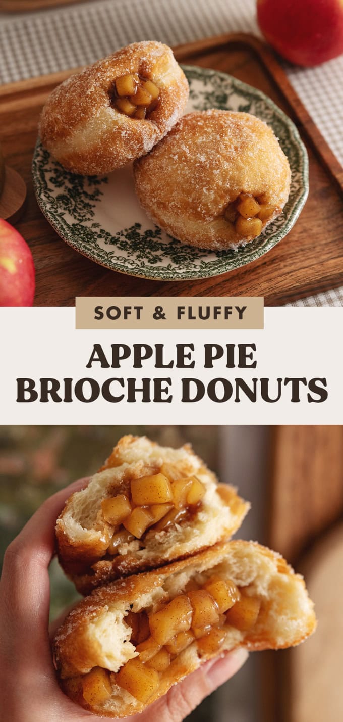 Two images of apple pie donuts with a text overlay that says "soft and fluffy apple pie brioche donuts".