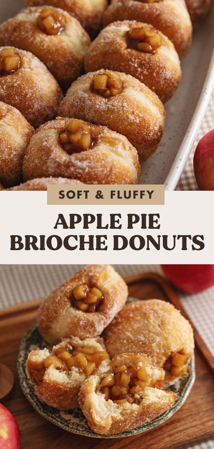 Two images of apple pie donuts with a text overlay that says "soft and fluffy apple pie brioche donuts".