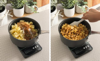 Left: diced apples and spices in a saucepan. Right: mixing apples in brown sugar and cinnamon in a saucepan with a spatula.