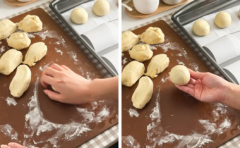 Left: hand rolling dough on a cutting board. Right: hand holding a rolled ball of dough.