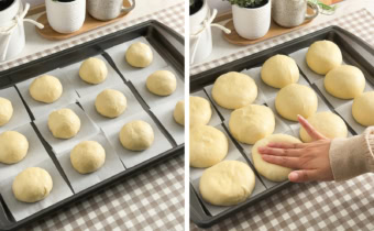 Left: balls of brioche dough on squares of parchment paper on a baking tray. Right: hand pressing down on balls of proofed brioche dough.