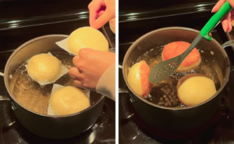 Left: hands lowering a donut into a pot of oil. Right: flipping a donut over in a pot of oil with a slotted spoon.