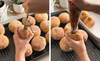 Left: hand inserting a knife into a donut to create a hole. Right: piping apple pie filling into a donut.