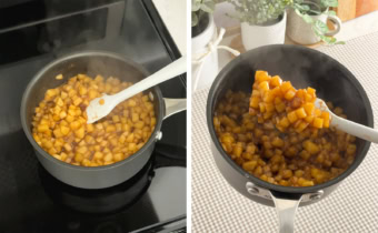 Left: cooking apple compote in a saucepan. Right: a clump of cooked apple pie filling on a spatula above a saucepan.