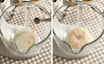 Left: sprinkling yeast into a stand mixer bowl of water. Right: foamy yeast in a stand mixer bowl.
