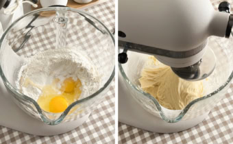 Left: flour and eggs in a stand mixer bowl. Right: stand mixer kneading dough.