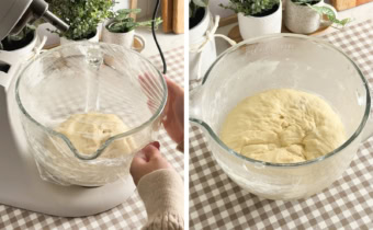 Left: hands covering a stand mixer bowl of dough with plastic wrap. Right: proofed brioche dough in a mixing bowl.
