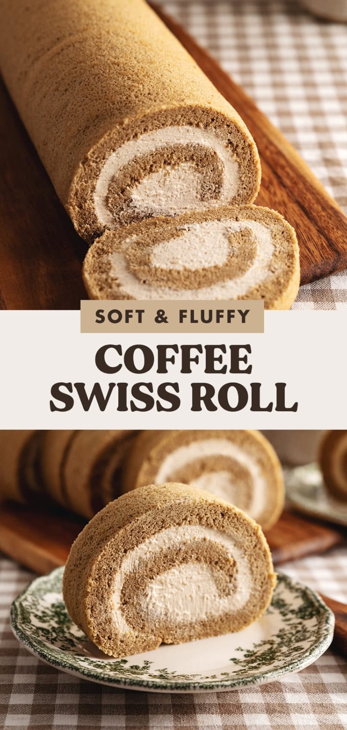 Two images of a coffee swiss roll with a text overlay that says "soft and fluffy coffee swiss roll".