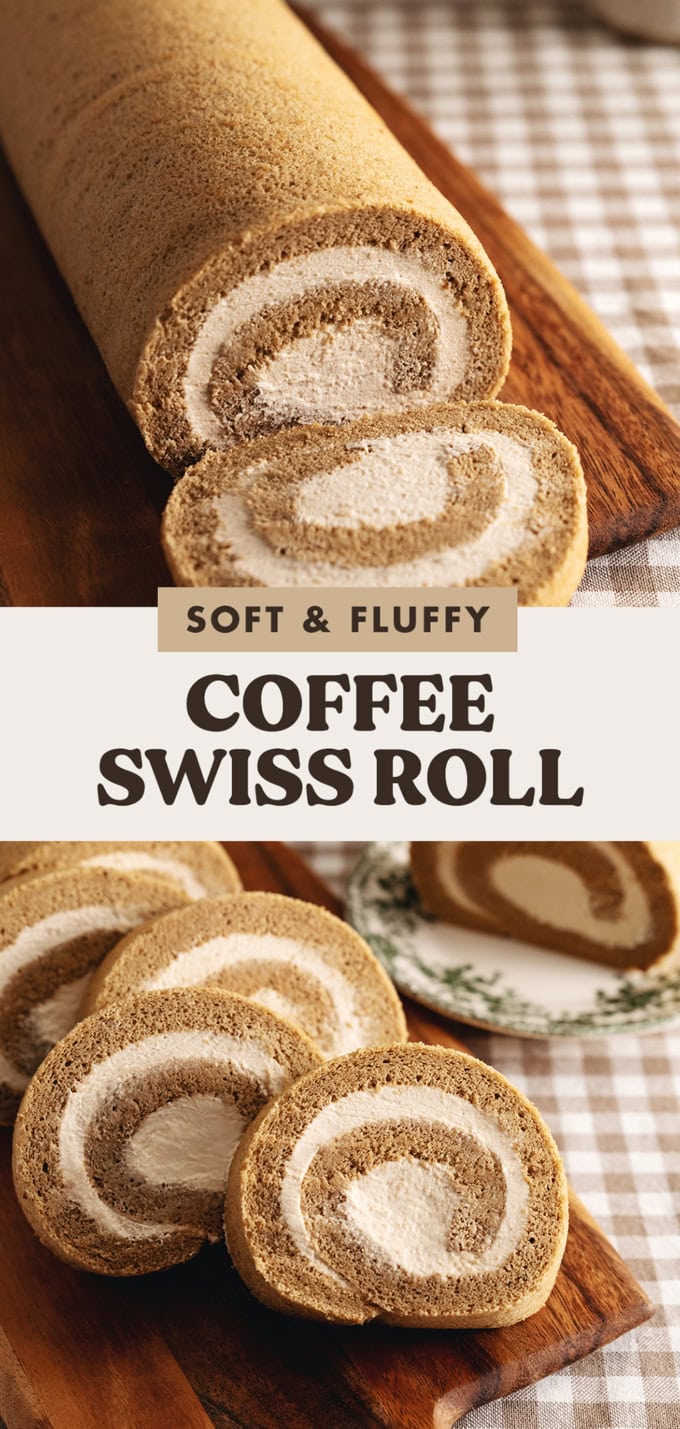 Two images of a coffee swiss roll with a text overlay that says "soft and fluffy coffee swiss roll".
