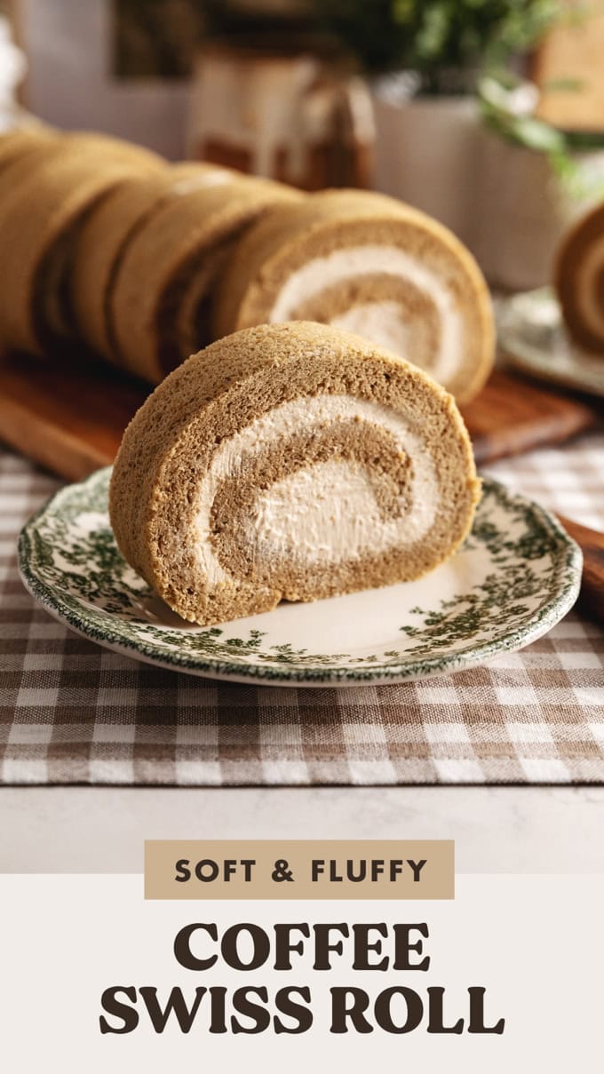 A slice of coffee swiss roll on a vintage plate with several other slices in the background.