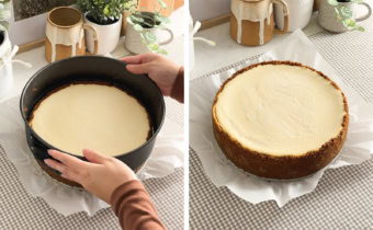 Left: hands releasing a cheesecake from a springform pan. Right: a cheesecake on a sheet of parchment paper.