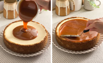 Left: pouring salted caramel on top of a cheesecake. Right: spreading salted caramel on top of a cheesecake with an offset spatula.