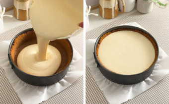 Left: pouring cheesecake batter into a chilled crust. Right: cheesecake in a springform pan before baking.