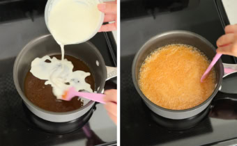 Left: pouring heavy cream into a saucepan of melted sugar. Right: stirring bubbling caramel in a saucepan with a spatula.