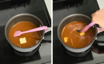 Left: a cube of butter into a saucepan of caramel. Right: stirring butter into caramel with a spatula.