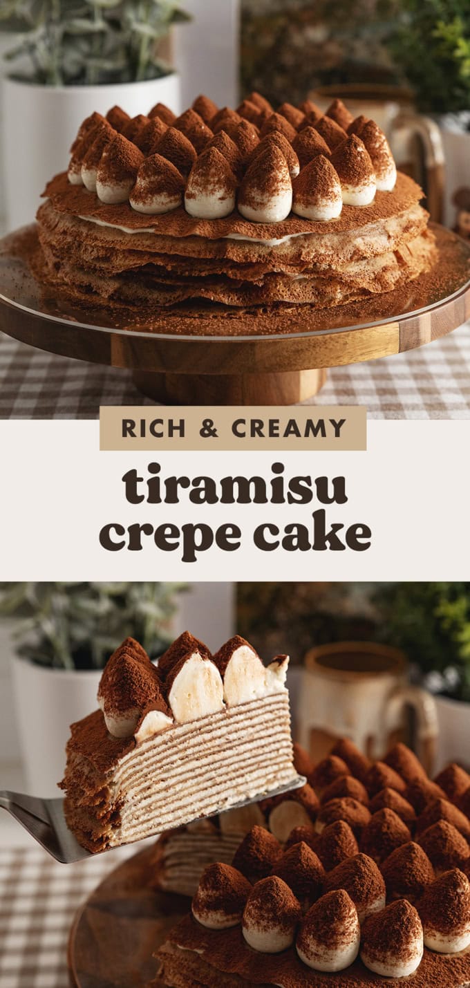 Two images of a tiramisu crepe cake with a text overlay that says "rich and creamy tiramisu crepe cake".