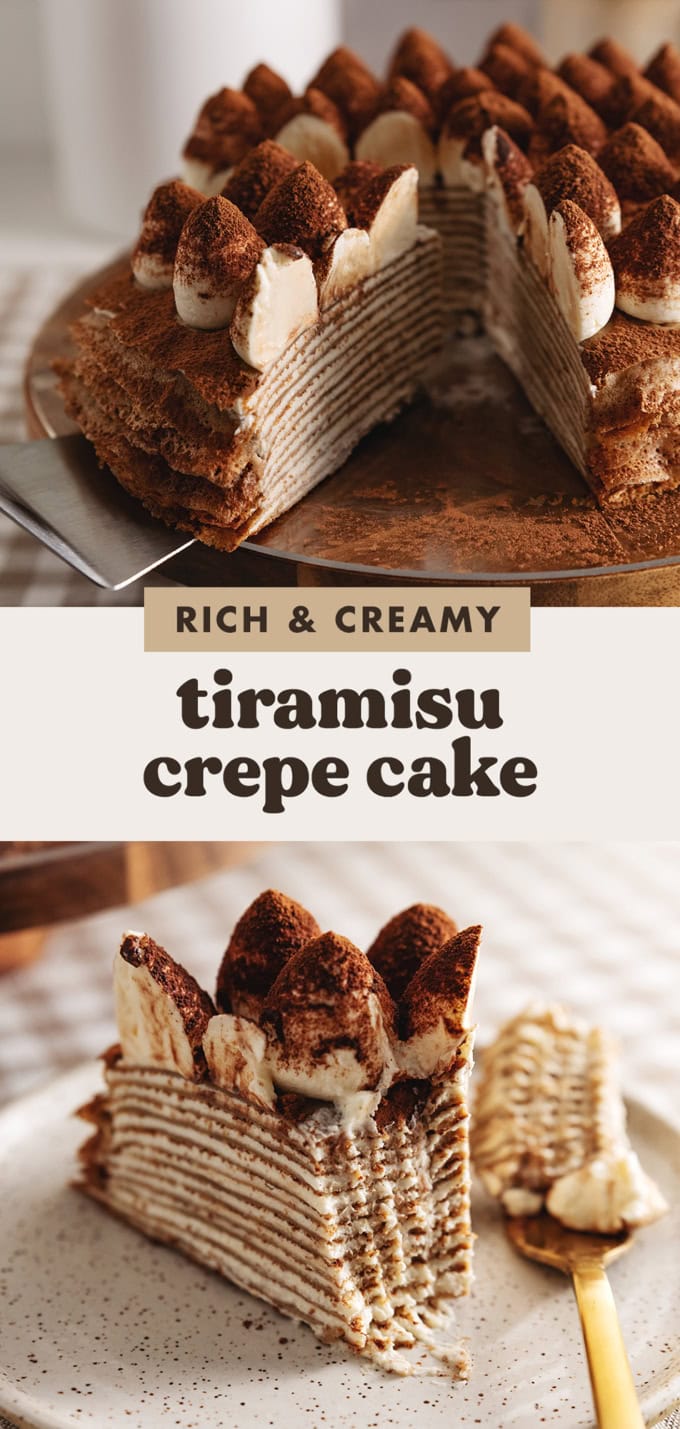 Two images of a tiramisu crepe cake with a text overlay that says "rich and creamy tiramisu crepe cake".