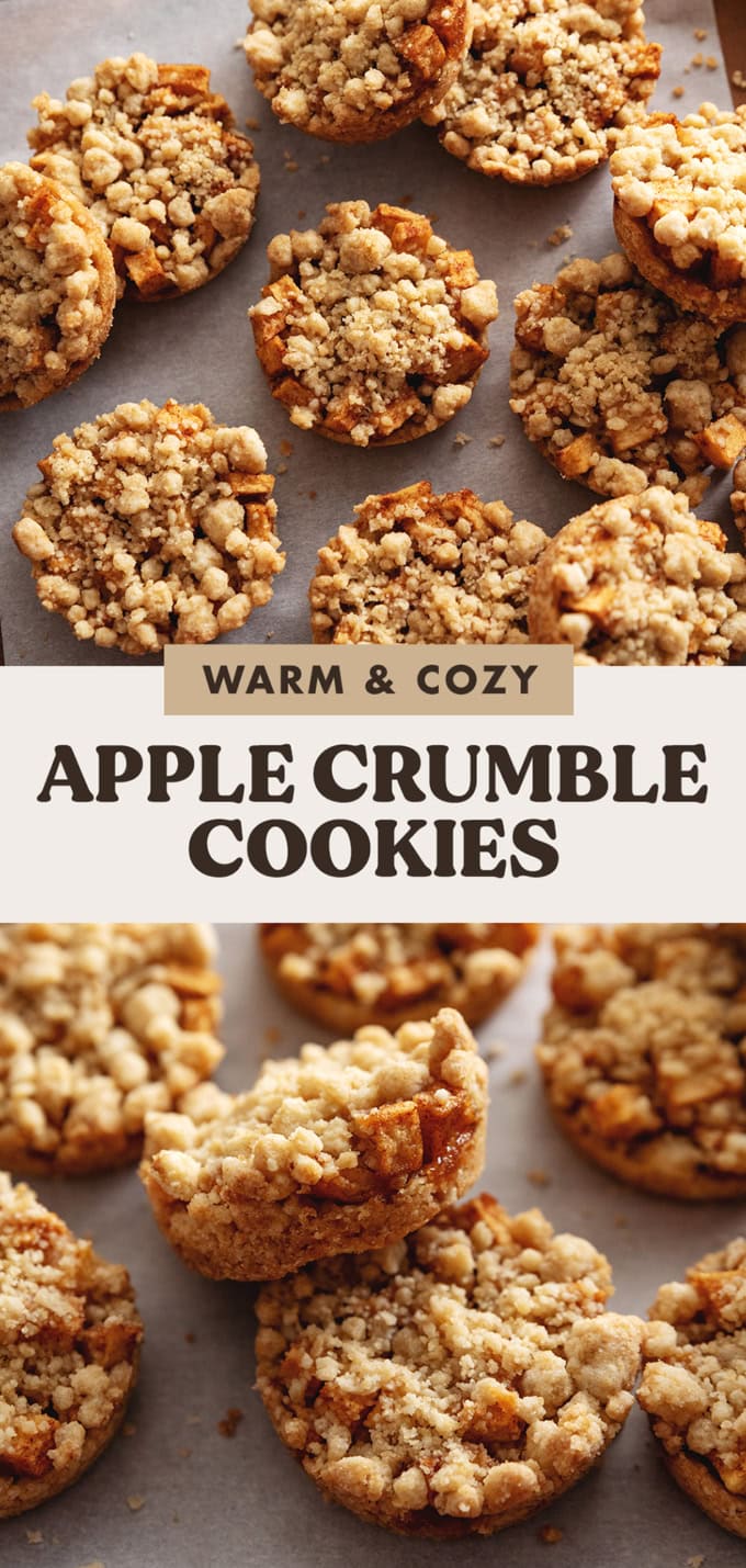 Two images of apple crumble cookies with a text overlay that reads "warm and cozy apple crumble cookies".