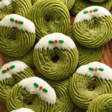 Several matcha butter cookies scattered and overlapping on a wooden tray.