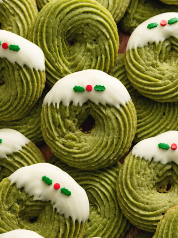 Several matcha butter cookies scattered and overlapping on a wooden tray.