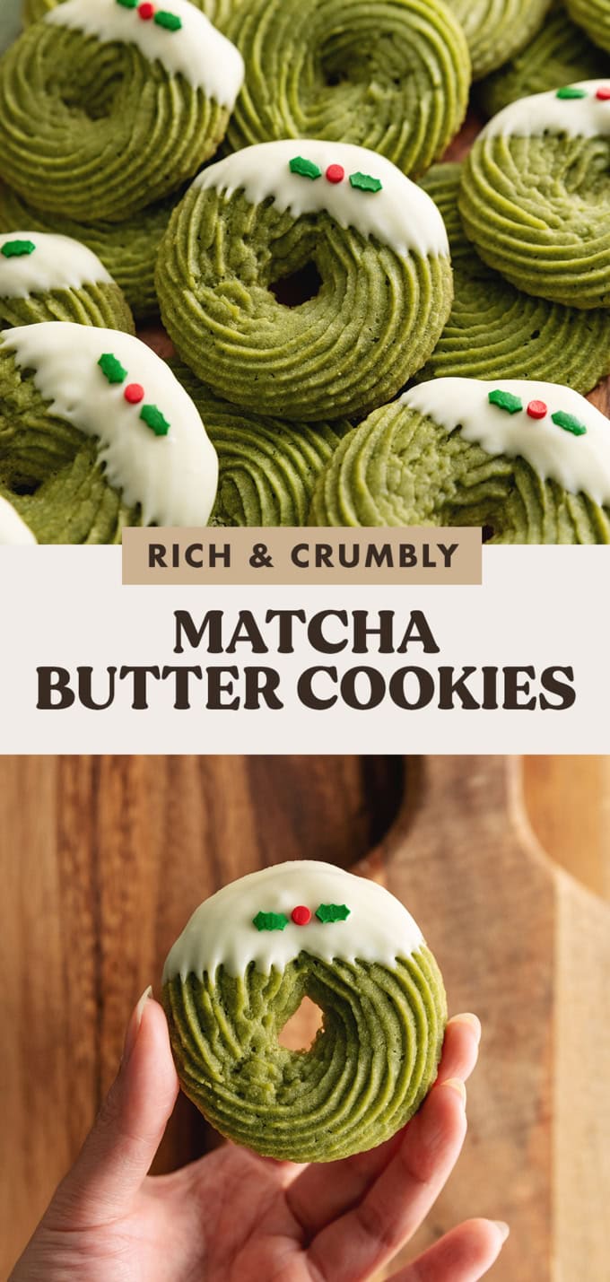 Two images of matcha butter cookies with a text overlay that reads "rich and crumbly matcha butter cookies".