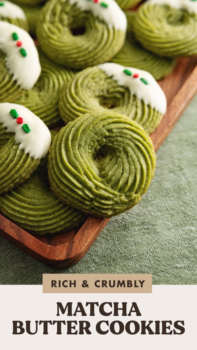 Close up of a matcha butter cookie piped into a swirl.