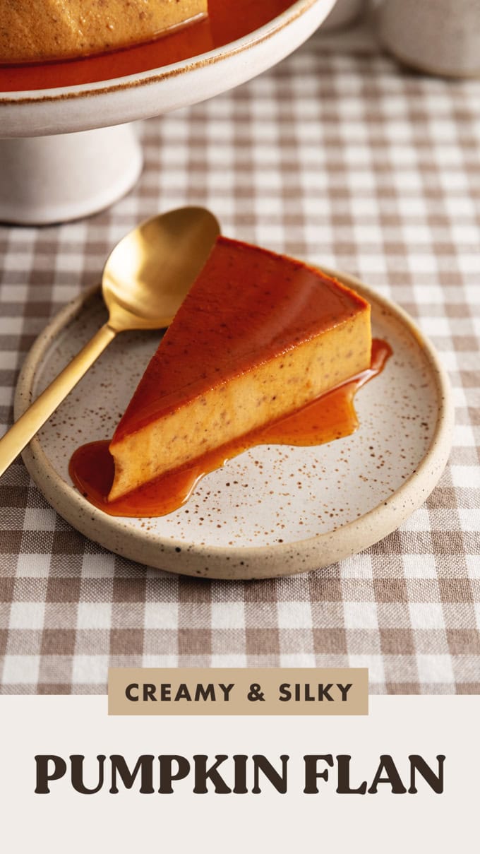 A slice of pumpkin flan on a plate topped with caramel sauce.
