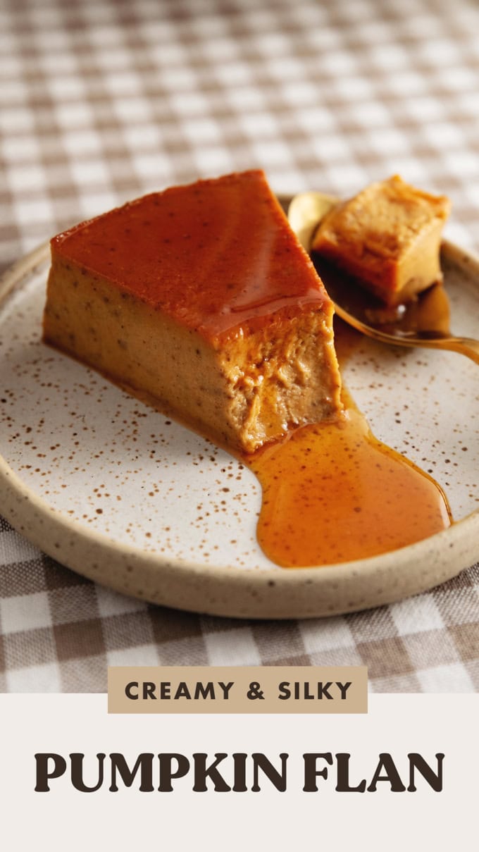 A slice of pumpkin flan with a spoonful taken out of it to show the custard texture.