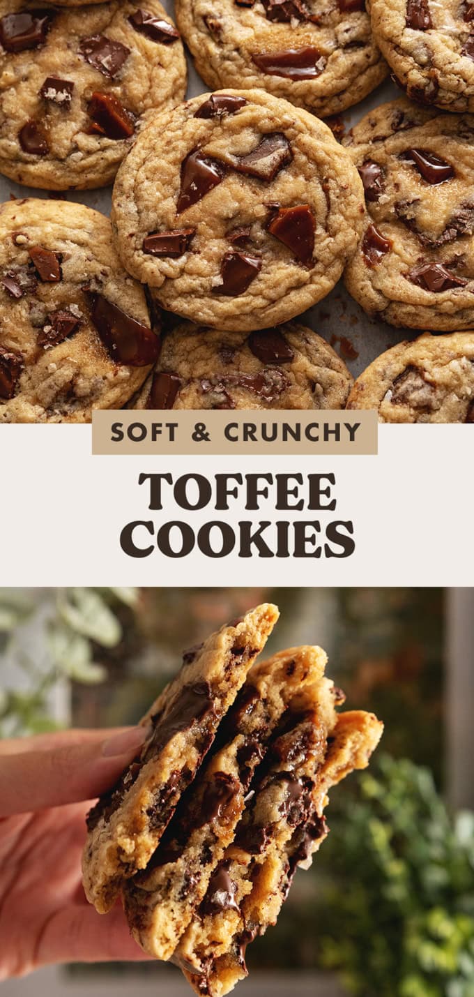 Two images of toffee cookies with a text overlay that reads "soft and crunchy toffee cookies".