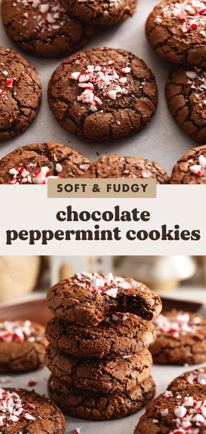 Two images of cookies with a text overlay that says "soft and fudgy chocolate peppermint cookies".