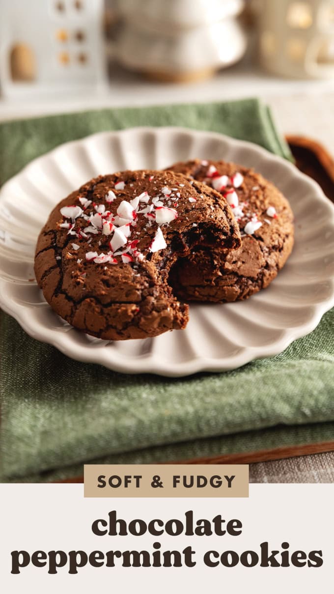 Two chocolate peppermint cookies with a bite taken out of one of them.