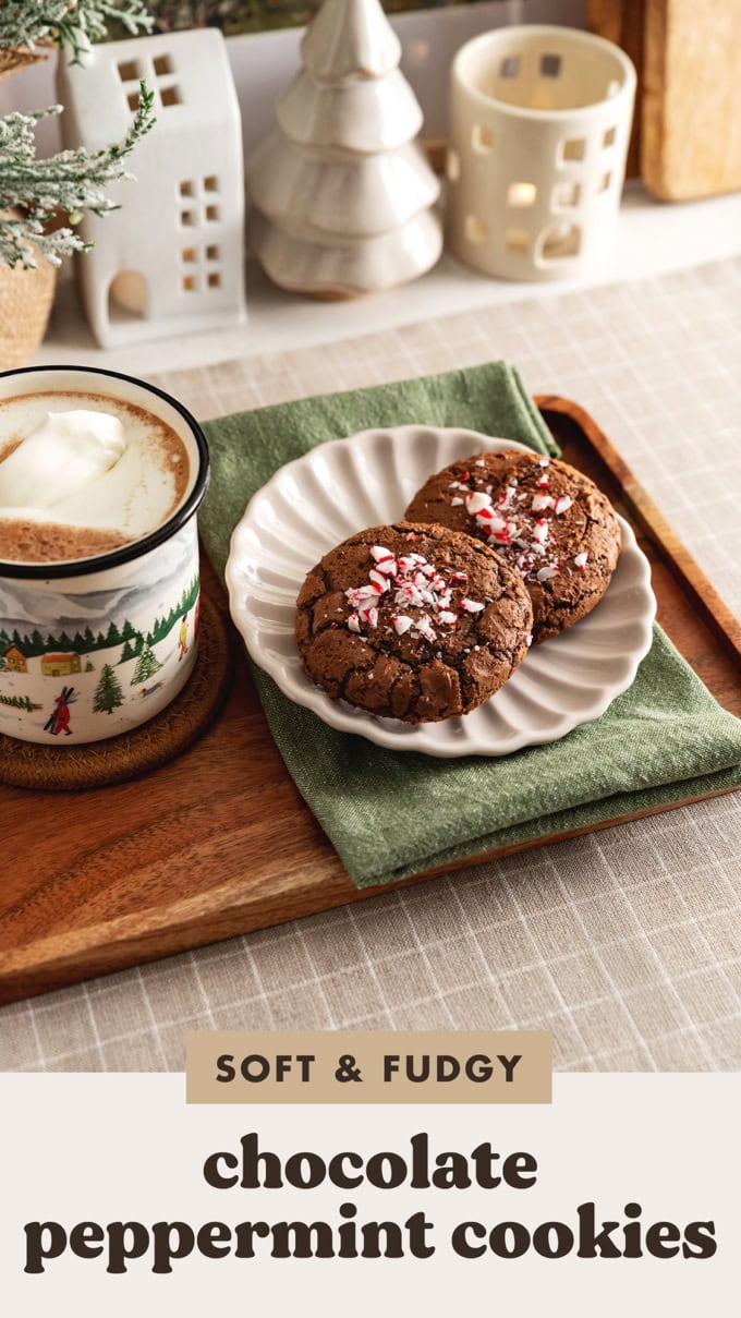 Two chocolate peppermint cookes on a plate with a mug of hot chocolate next to it.