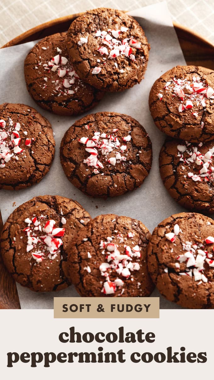 Several chocolate peppermint cookies with crushed candy canes on top scattered on parchment paper.
