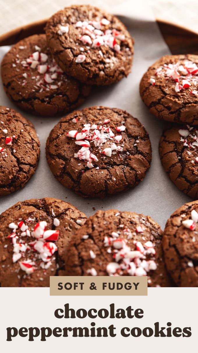 Several chocolate peppermint cookies with crushed candy canes on top scattered on parchment paper.