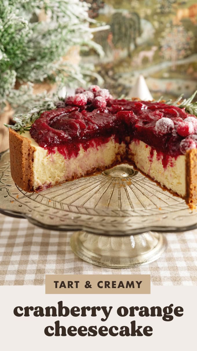 A cross section of a cranberry orange cheesecake to show the texture inside.