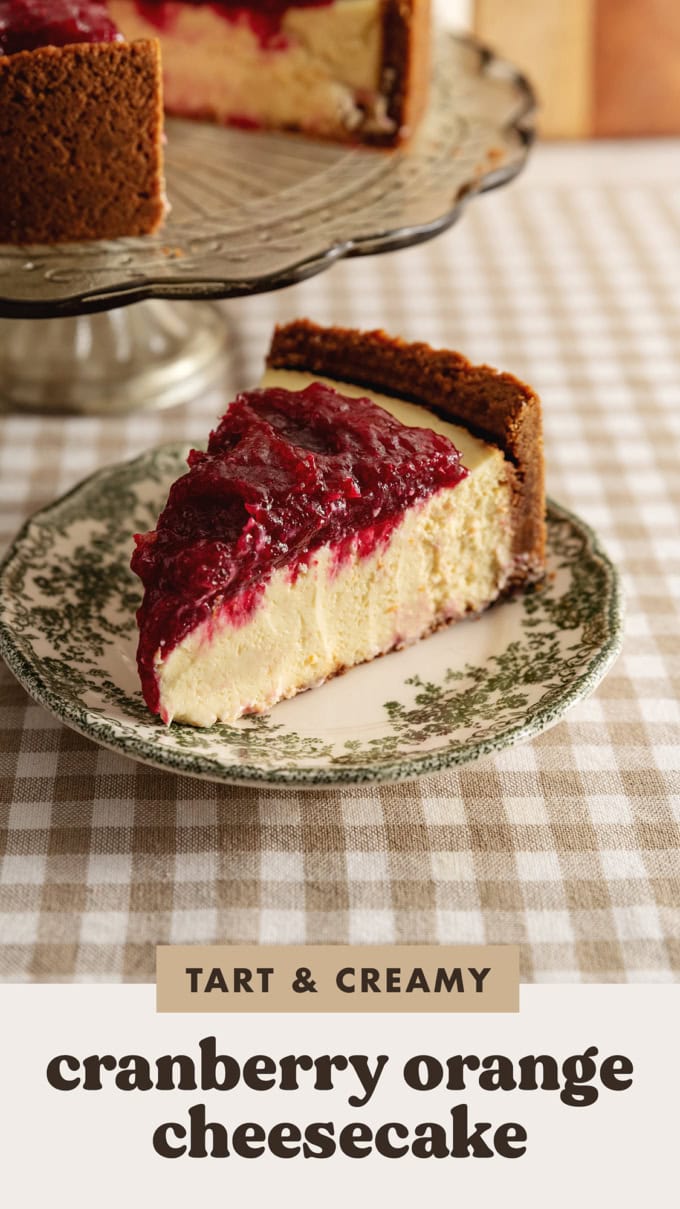 A slice of cranberry orange cheesecake on a plate.