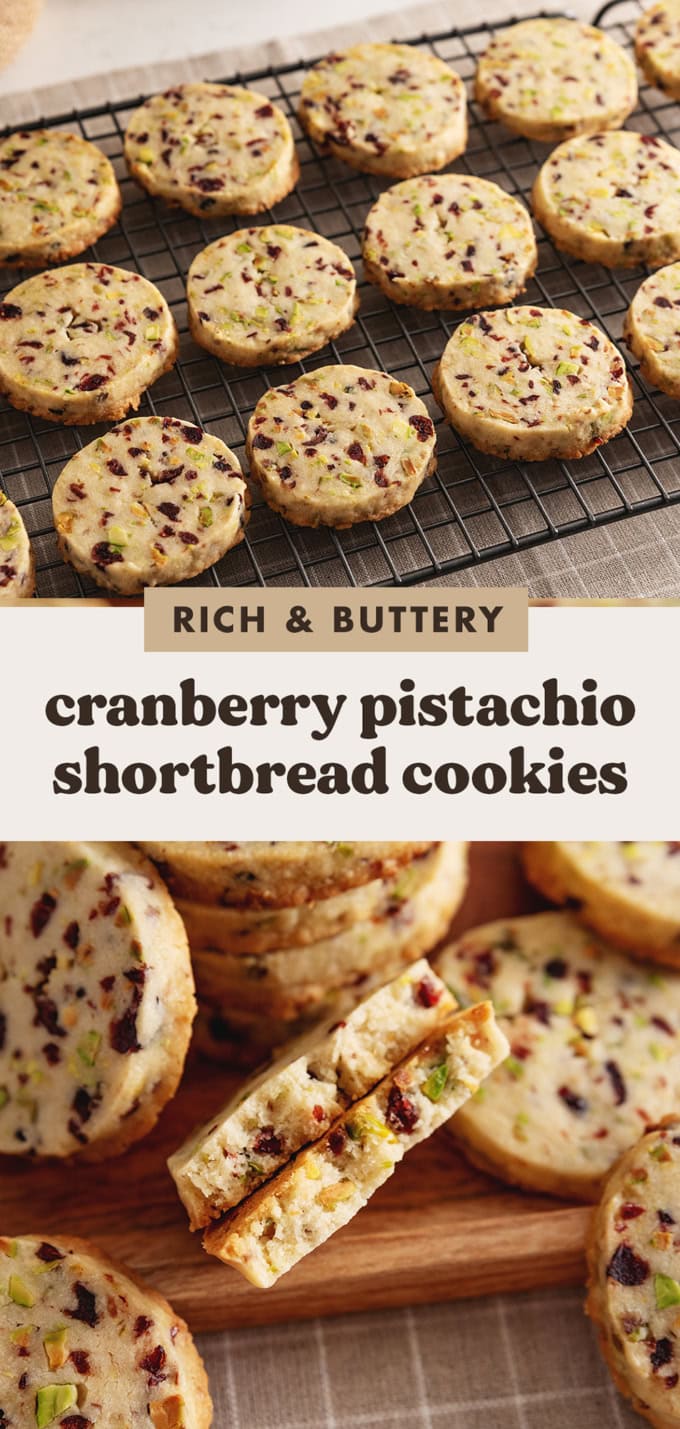 Two images of cookies with a text overlay that says "rich and buttery cranberry pistachio shortbread cookies".