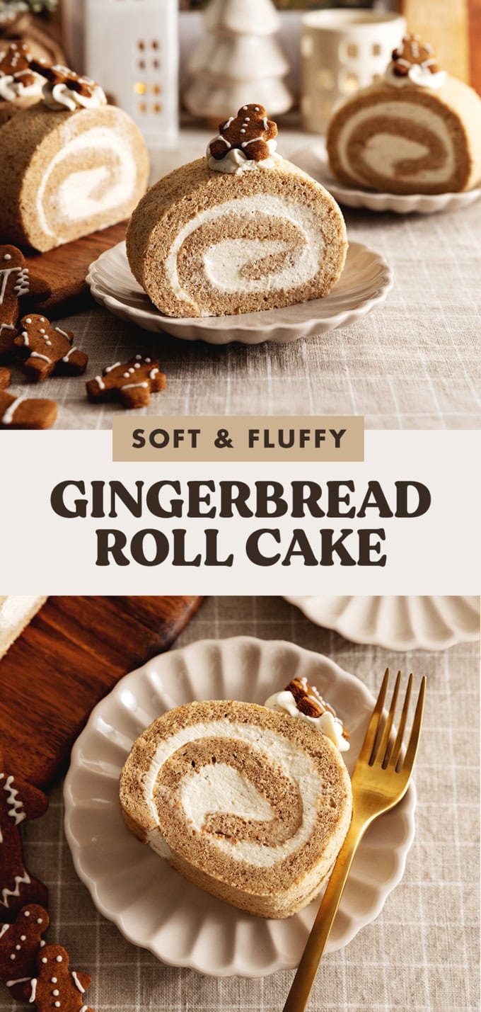 Two images of roll cakes with a text overlay that says "soft and fluffy gingerbread roll cake".