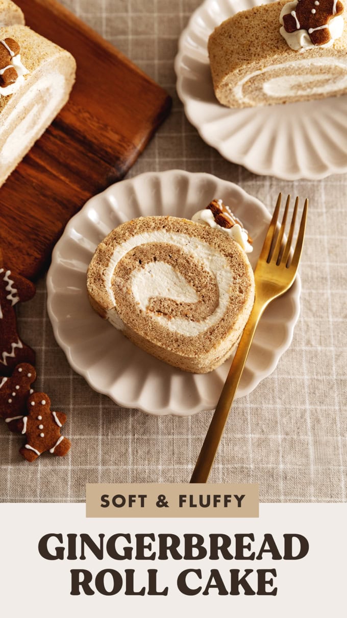 A slice of gingerbread roll cake on a plate with a fork.