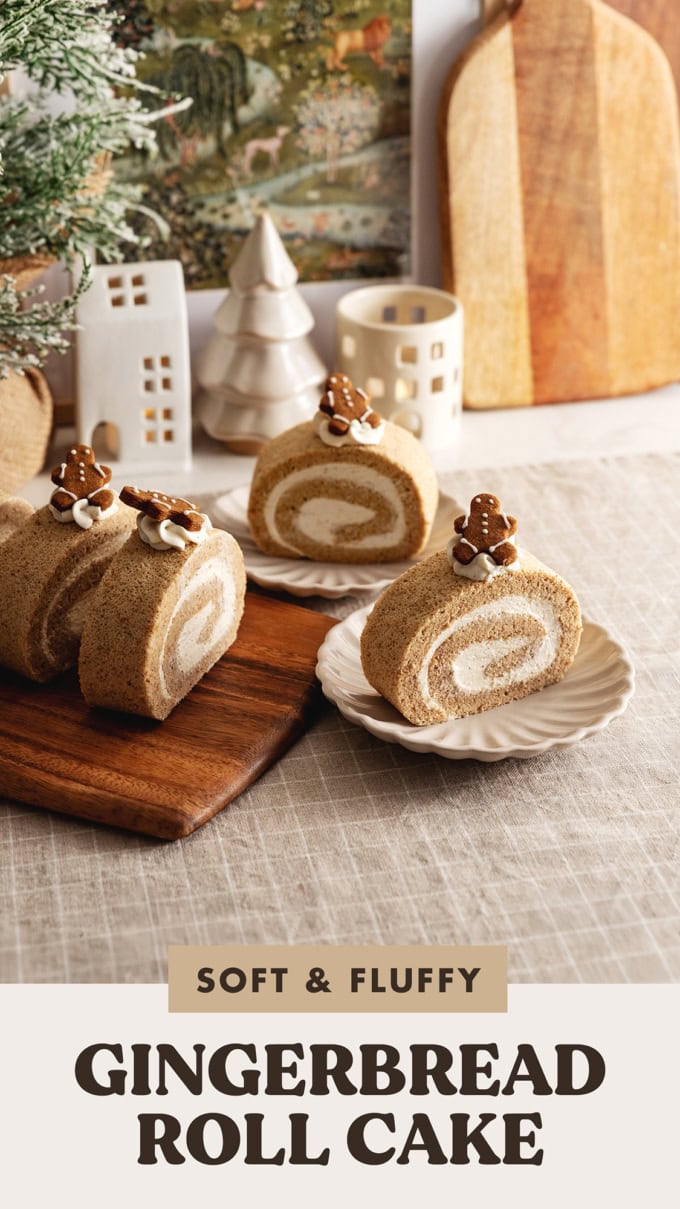 Slices of gingerbread roll cake on plates on a kitchen counter.