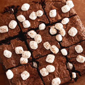 Hot chocolate brownies cut into squares with marshmallows on top.