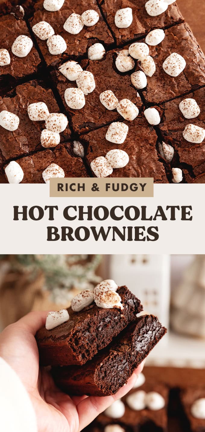 Two images of brownies with a text overlay that says "rich and fudgy hot chocolate brownies".