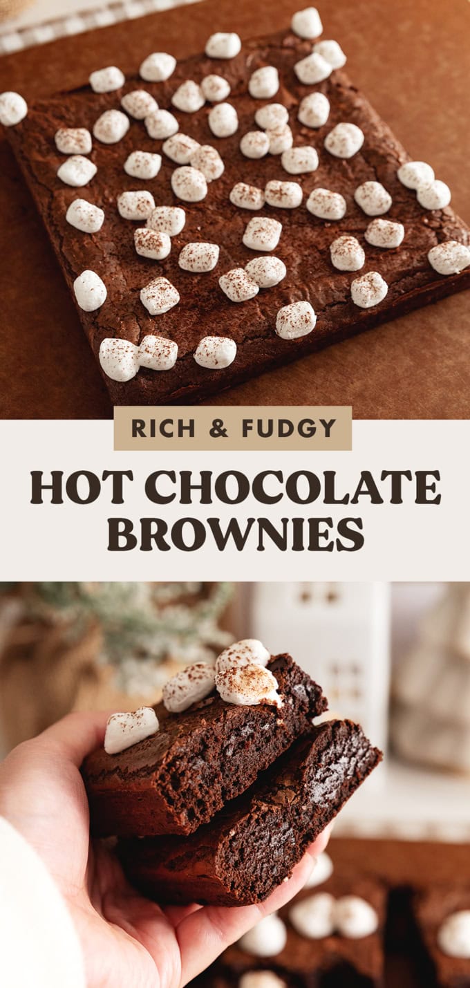 Two images of brownies with a text overlay that says "rich and fudgy hot chocolate brownies".