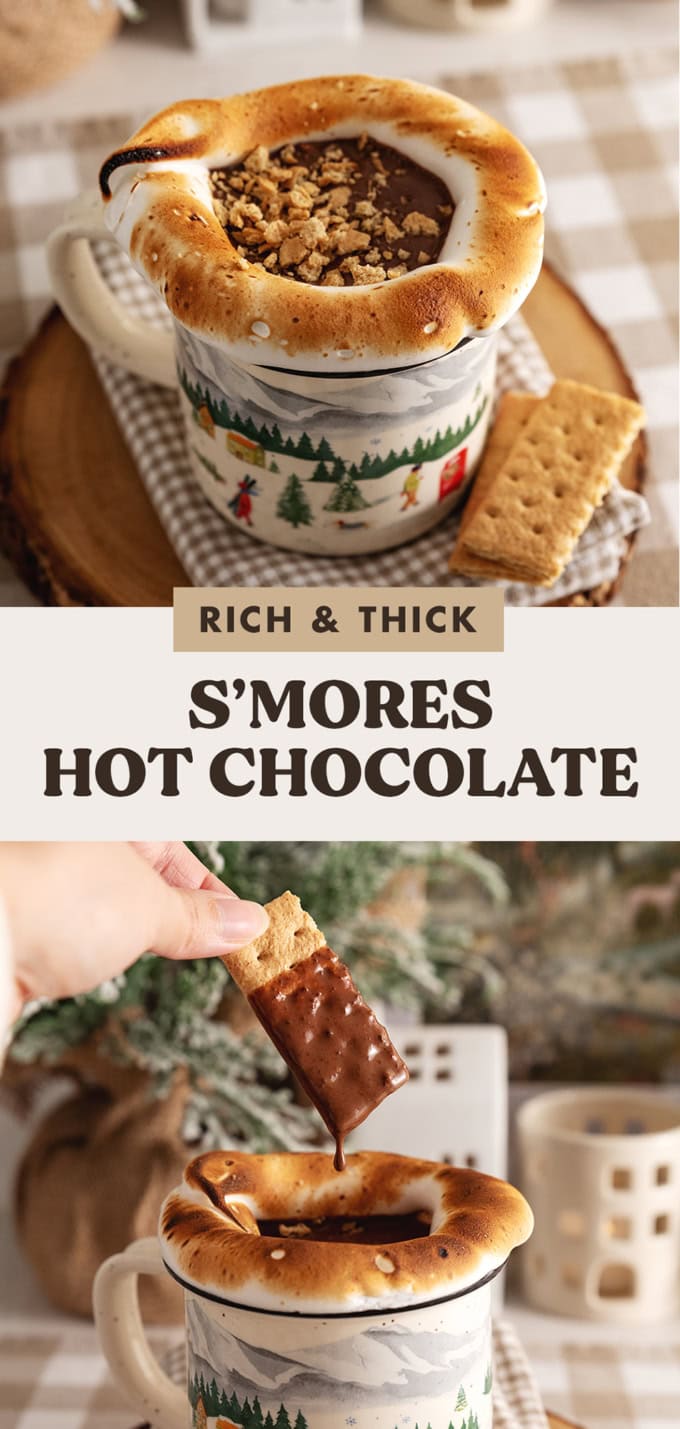 Two images of hot chocolate with a text overlay that says "rich and thick s'mores hot chocolate".