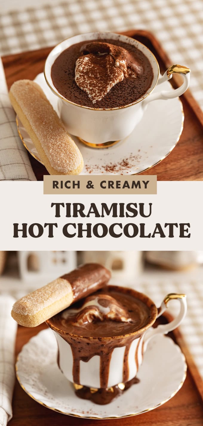 Two images of tiramisu hot chocolate with a text overlay that says "rich and creamy tiramisu hot chocolate".