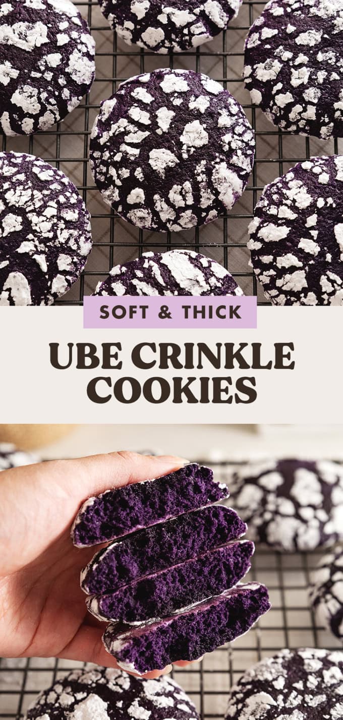 Two images of ube crinkle cookies with a text overlay that says "soft and thick ube crinkle cookies".