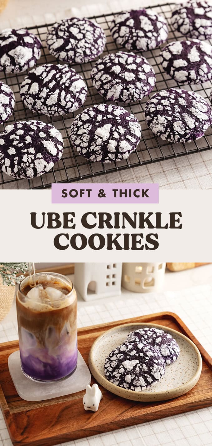 Two images of ube crinkle cookies with a text overlay that says "soft and thick ube crinkle cookies".